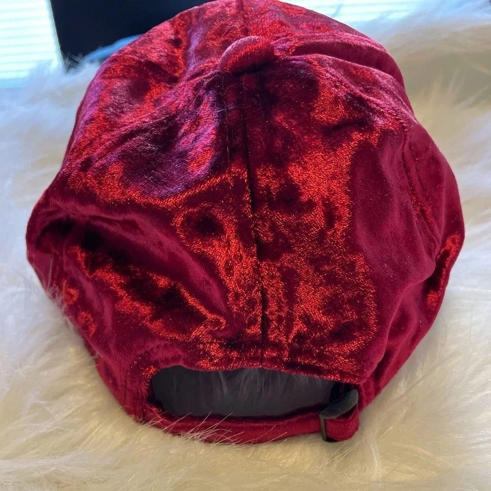 J. Elise Boutique Burgundy Golden Bee Patch Distressed Velour Velvet Fitted Cap